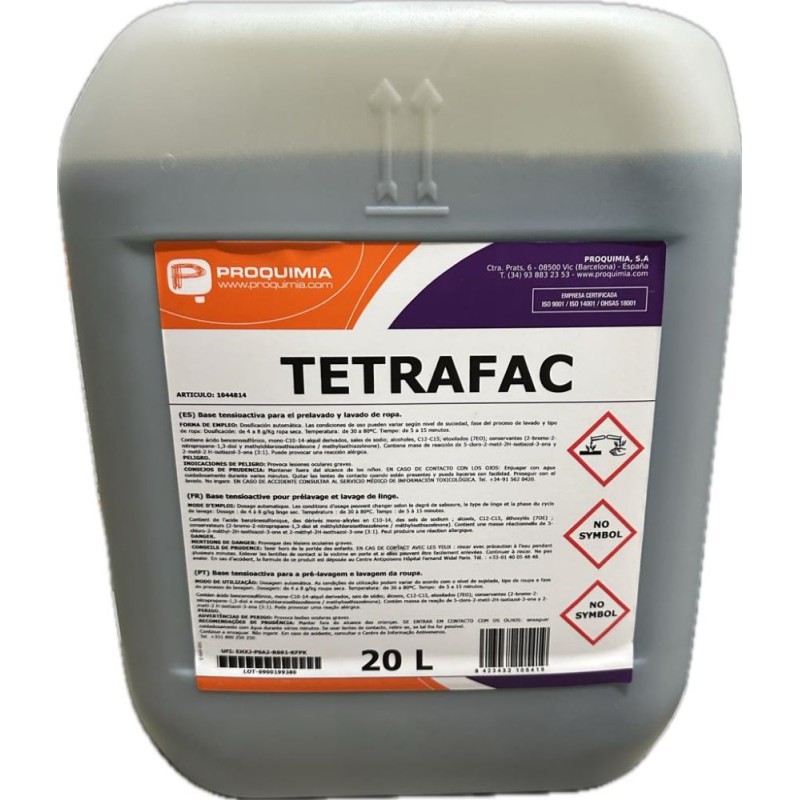 Detergente Base Tensiactivo Tetrafac 20 L. - Proveedor Lavandería Industrial