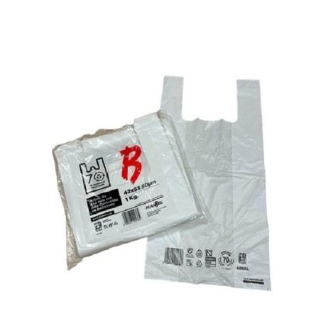 Bolsa camiseta asa reutilizable Reciclada 42x53 1k - Proveedor Lavandería Industrial