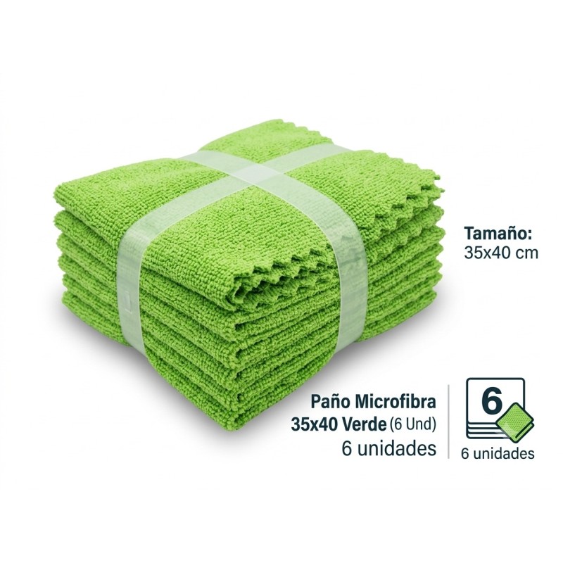 Paño Microfibra 35x40 Verde (6 Und) - Proveedor Lavandería Industrial