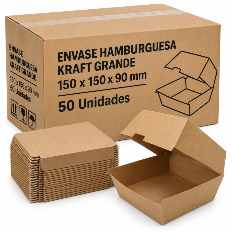 Envase Hamburguesa Kraft XL 50Ud 150x150x90mm.