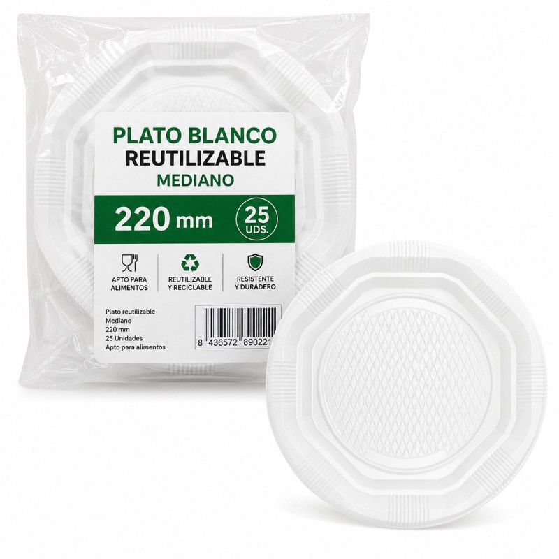Plato Blanco Reutilizable Mediano 220 MM 25 Ud.
